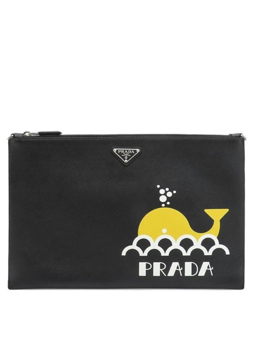 Prada 2-Way Whale Print Saffiano Leather Black Silver Clutch Shoulder Triangle